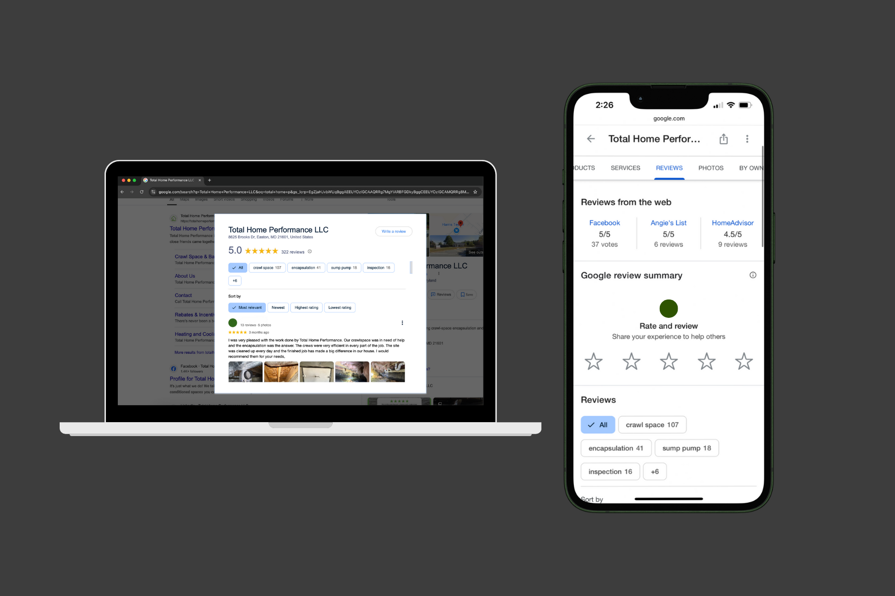 Rendering of laptop and phone with Total Home Performance reviews page pulled up on site