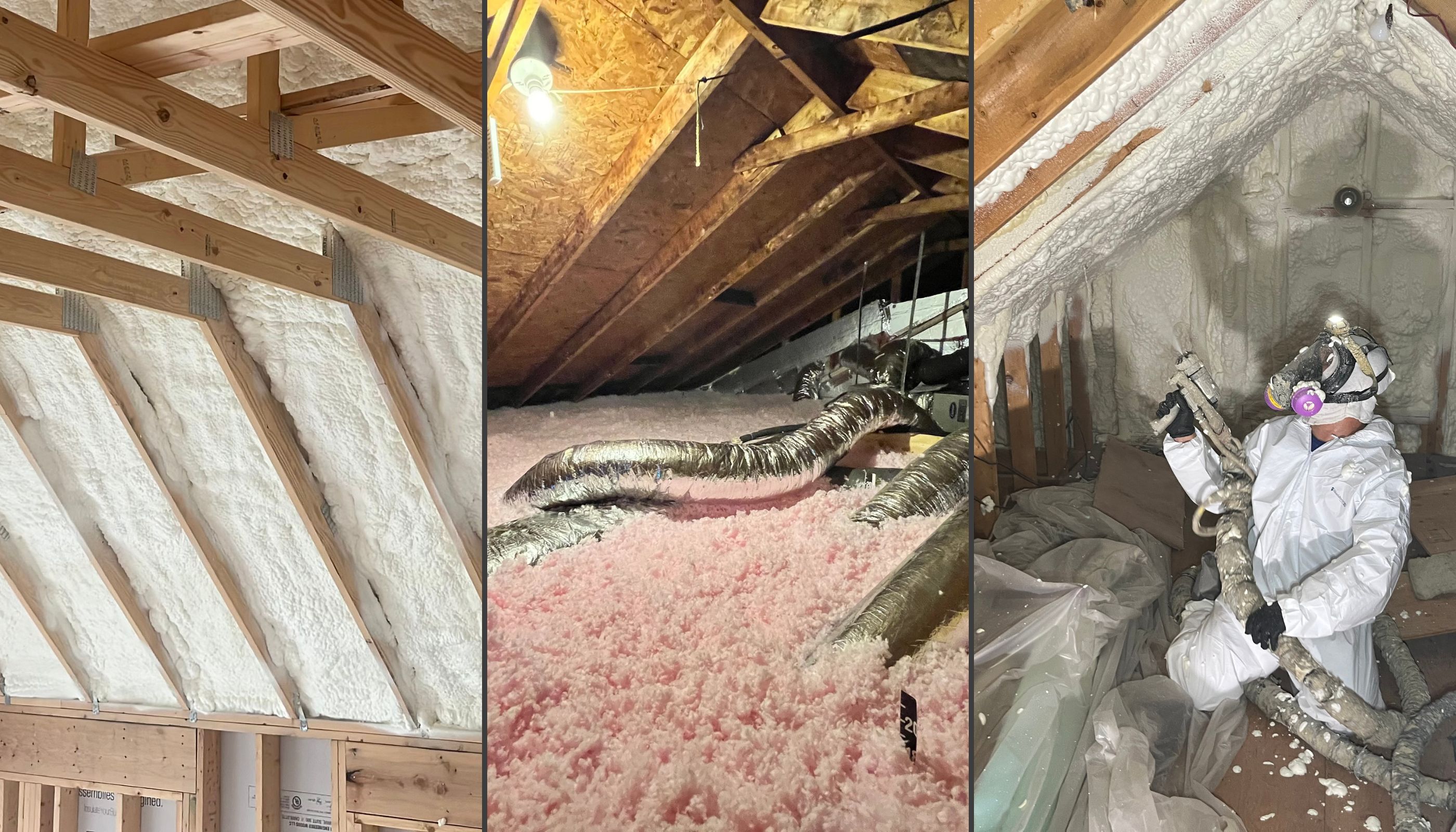 Spliced image of spray foam insulation in attic, pink loose-fill blown insulation in attic, and THP technician spraying in attic