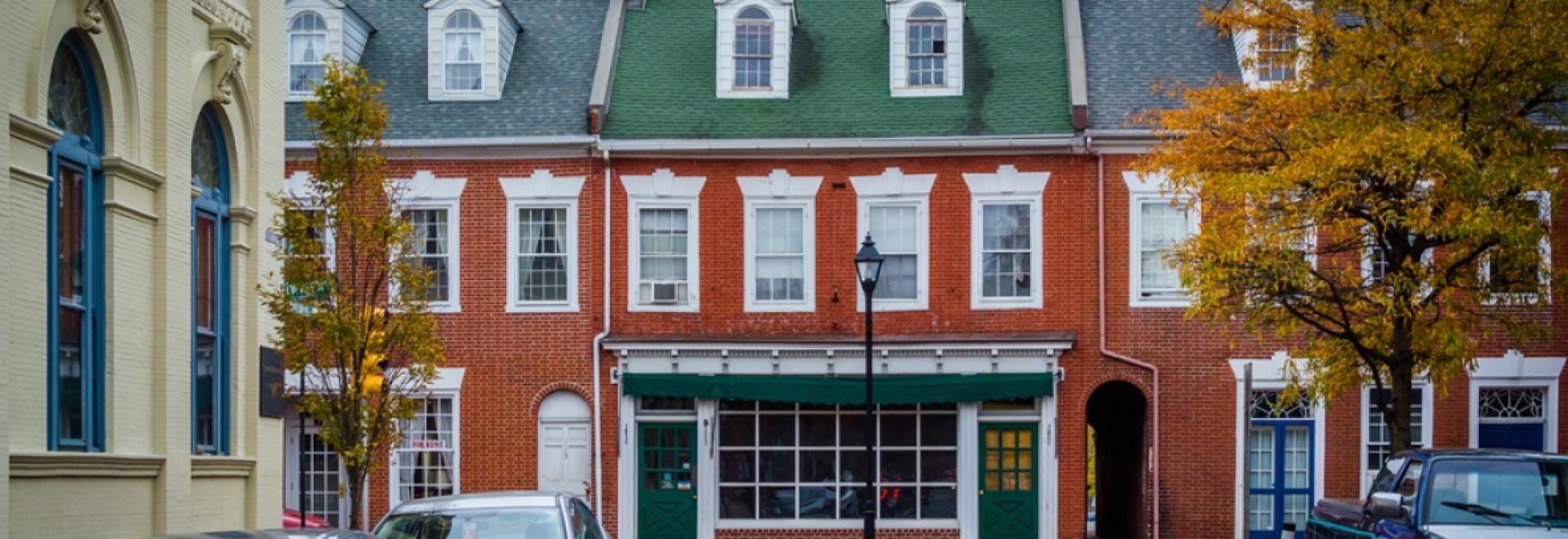 Red brick commercial building in town