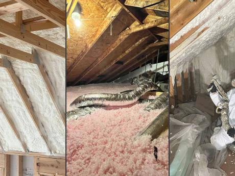 Spliced image of spray foam insulation in attic, pink loose-fill blown insulation in attic, and THP technician spraying in attic
